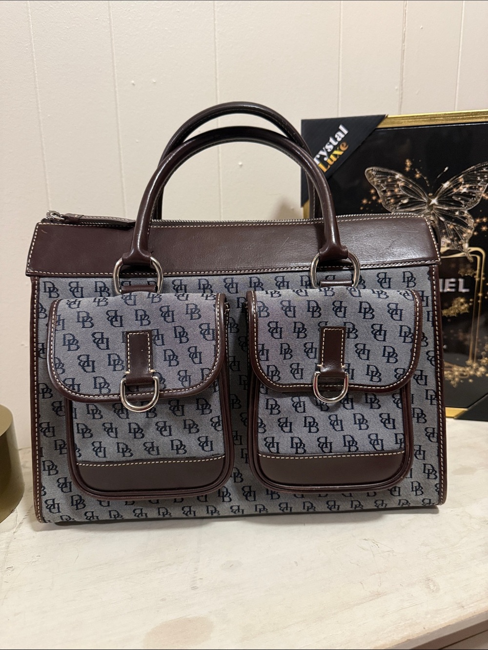 Dooney & Bourke Brown Leather Patterned Dual-Pocket Satchel with Top Handles